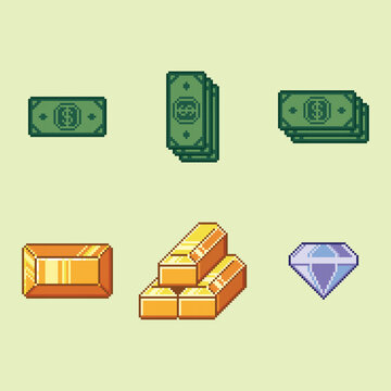 Pixel are money and gold illustration set - green dollar bills, cash stack, gold bar, diamond icon on light background