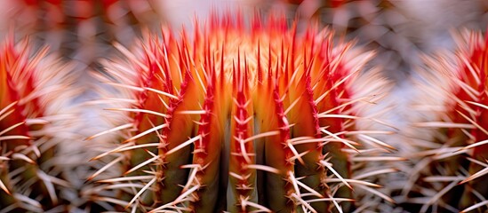 A detailed view of a cactus showing vibrant red and yellow spines up close