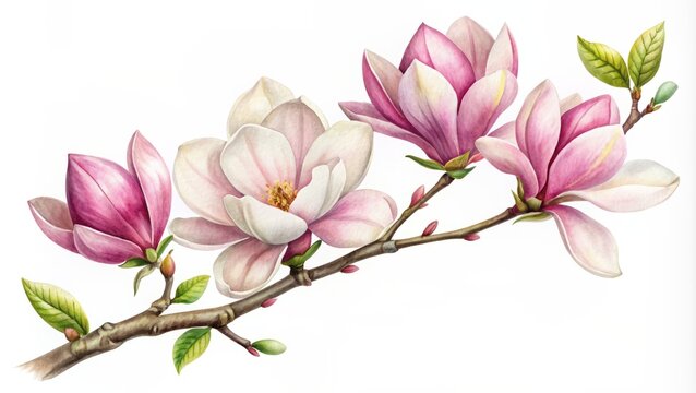 Blooming magnolia branch, close-up isolated on a white background.