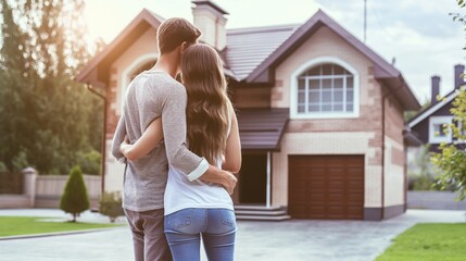 Couple in love embracing and looking at each other while standing in front of their new house. Rent and purchase of real estate concept 