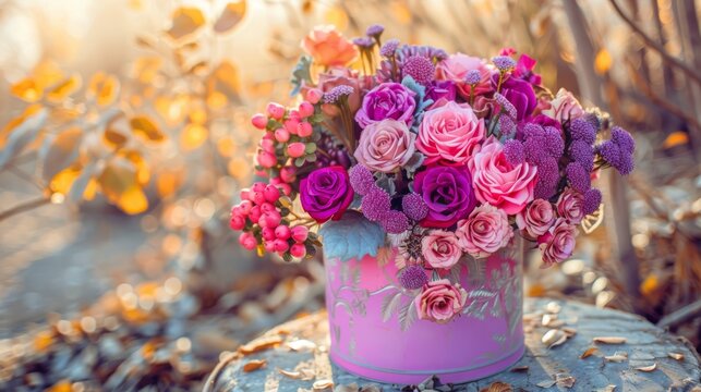  a bouquet of pink and purple flowers in a pink vase on a rock in front of a leafy tree.