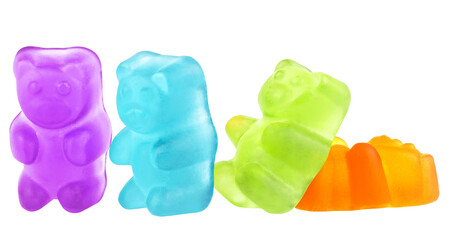 Colorful jelly gummy bears isolated on a white background. Colored tasty jelly candies. - 767409218