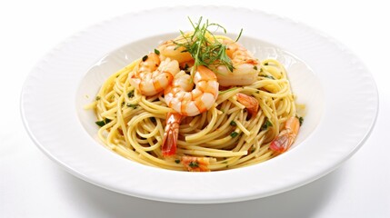 plate of spaghetti with shrimp isolated on white