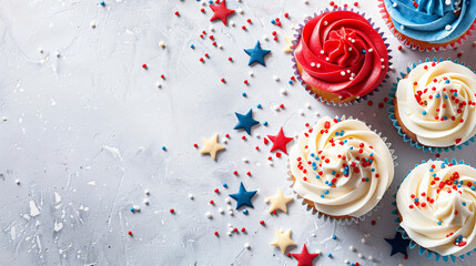 Patriotic dessert flat lay for the Fourth of July with red white and blue cupcakes and American flag decorations. - Powered by Adobe