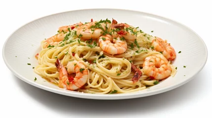 Fototapeten plate of spaghetti with shrimp isolated on white © tetxu