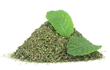 Fresh mint leaves with pile of dried mint isolated on a white background. Natural dried mint herb. Mentha. - 767409259