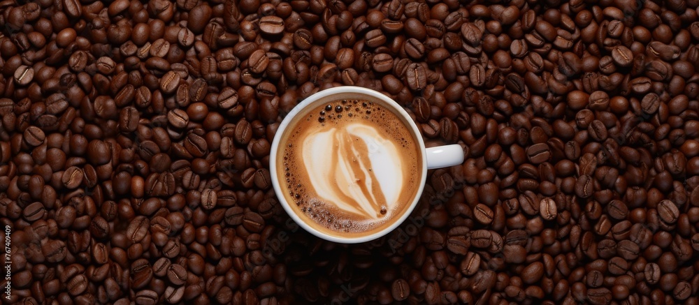 Poster a cup of java coffee sits on a mound of singleorigin coffee beans. its a perfect setup for enjoying 