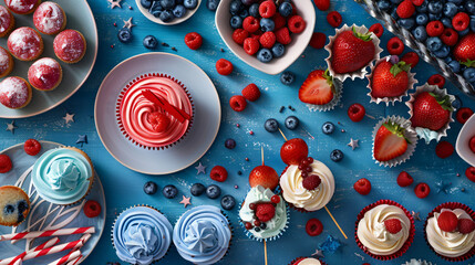 Patriotic dessert table flat lay with red white and blue cupcakes cookies and fruit skewers. - obrazy, fototapety, plakaty