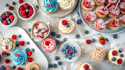 Patriotic dessert table flat lay with red white and blue cupcakes cookies and fruit skewers. - obrazy, fototapety, plakaty