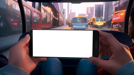 gamers with the phone playing a game on the bus, generative aix - obrazy, fototapety, plakaty