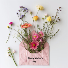 envelope with flowers and with text Happy Mother's day.Flat lay