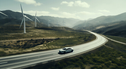 Car driving next to wind turbines - obrazy, fototapety, plakaty