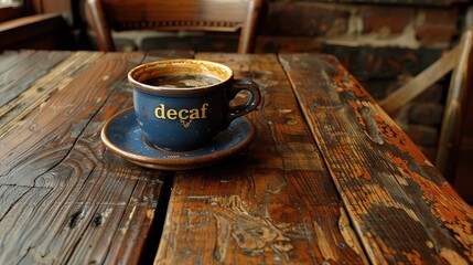 A mug of decaf coffee on a dark brown background, with "decaf" written on the mug.
Concept: healthy lifestyle and caffeine-free drinks, alternatives to classic coffee.