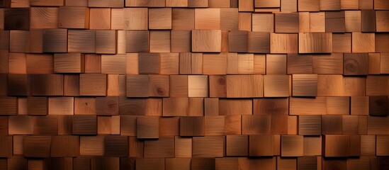 An image showing a detailed view of a wooden wall composed of numerous square wooden panels