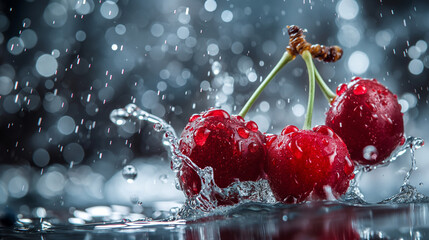 Cherries splashed with water, with space for text, ai generative
