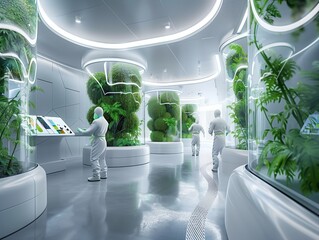 A group of people are walking through a greenhouse filled with plants. The atmosphere is calm and peaceful, with the plants providing a sense of tranquility. The people are wearing white lab coats - obrazy, fototapety, plakaty