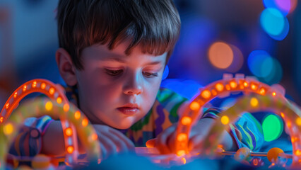Focused Boy Playing with Colorful Light-up Toys.