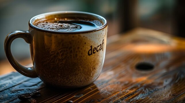 A mug of decaf coffee on a dark brown background, with "decaf" written on the mug.
Concept: healthy lifestyle and caffeine-free drinks, alternatives to classic coffee.