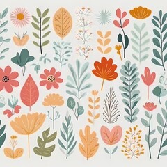 Fototapeta premium A collection of seamless pattern, colorful abstract plants and flowers. Hand drawn Collection of leaves and flowers. A close up of a pattern of flowers and leaves. 