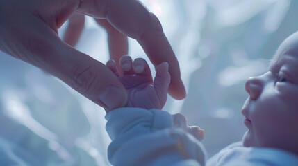 A heartwarming close-up of a newborn gently touching their father’s hand, capturing the bond, tenderness, and love shared in this precious moment. A beautiful symbol of family and new beginnings