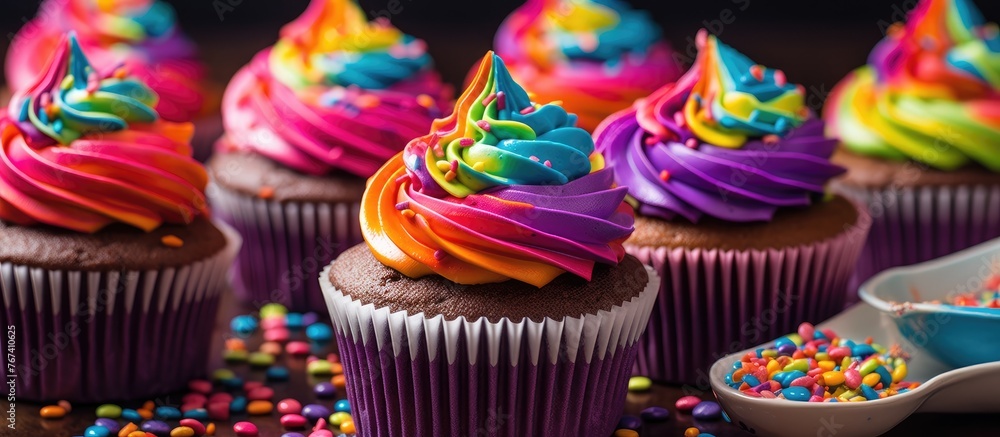 Poster multiple cupcakes are displayed, each topped with different colored frostings