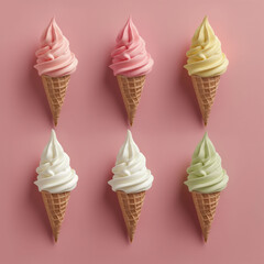Assortment of six soft serve ice cream cones on pink backdrop, a pastel palette evokes sweetness and joy. Copy space