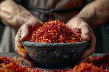 A chef's fingers delicately pinching a saffron thread, emphasizing the preciousness of this exotic spice. Concept of culinary luxury and refinement. Generative Ai.