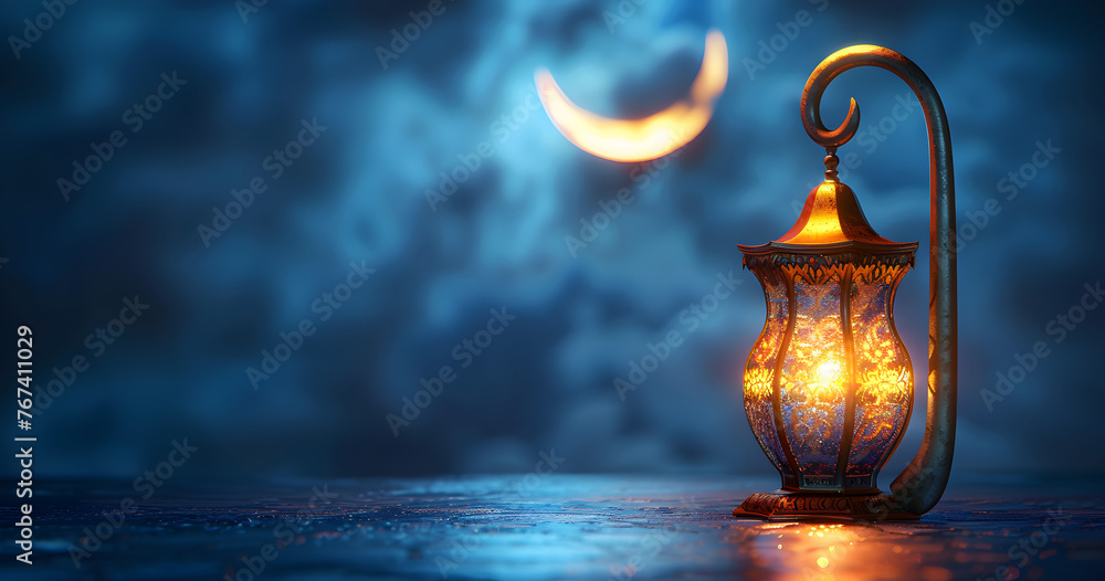 Wall mural 3d modern islamic holiday banner with a lit up lantern and crescent moon decor on a serene evening b