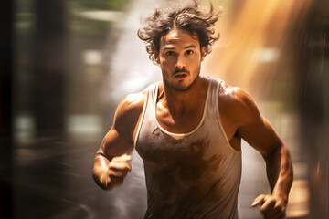 Dude running very fast, motion blurred background, man running fast