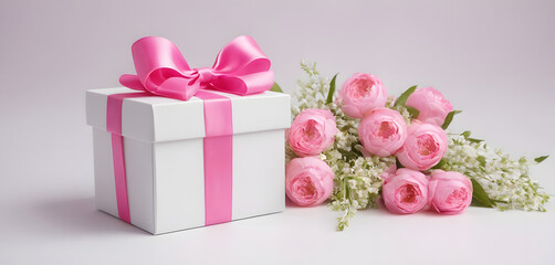 white box with pink bow and flowers, focus on box, white background