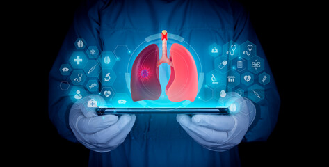 The doctor shows a hologram of the lungs on his tablet. Concept of development of new technologies...