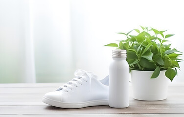 white sneakers and bottle of water on white wooden floor near wi