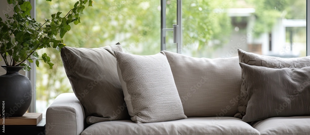 Aufkleber a close-up view of a comfortable couch adorned with pillows and a decorative vase placed on a side t