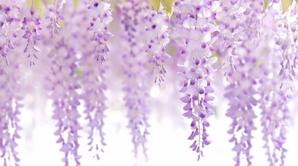 Obraz premium a close up of a bunch of purple flowers hanging from the ceiling of a room with sunlight coming through the window.