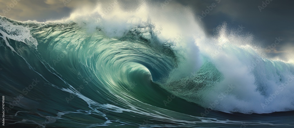 Poster a massive wave crashes in the water on a cloudy day, stirred up by the wind. the fluid movement of t