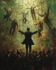 Capitalism is envisioned as a surrealistic circus, with the wealthy elites performing acrobatic feats of financial manipulation while the masses watch in awe and despair, soft lighting