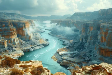 Abwaschbare Fototapete A panoramic view of a canyon carved by the meandering river, showcasing the geological marvels of erosion over time. Concept of dramatic river canyons. Generative Ai. © Sebastian