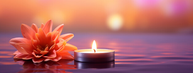 Candle and flower on water - obrazy, fototapety, plakaty