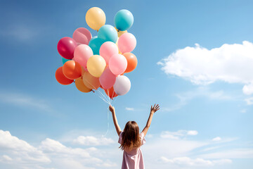 happy little girl with colored balloons against the blue sky.