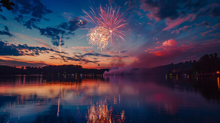 Spectacular fireworks illuminating the night sky over a serene lake on the 4th of July. - obrazy, fototapety, plakaty