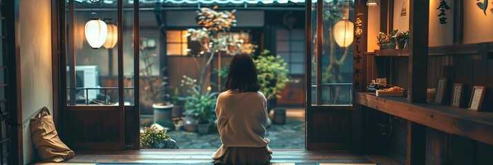 A Serene Encounter  Young Woman Relishing a Moment in a Japanese Retro-style Cafe Amidst the Bustle...