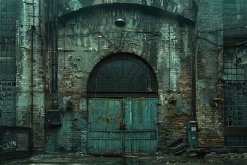 Abstract background of an old grey brick warehouse with weathered grey wooden gates