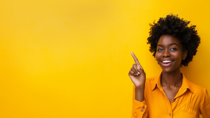 A young and beautiful african american black girl, hand pointing to her side, on yellow background, youtube 4k video thumbnail format photo