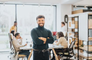Naklejka na ściany i meble Portrait of a cheerful bearded businessman standing confidently in a well-lit, contemporary office space, with colleagues actively engaged in work behind him.