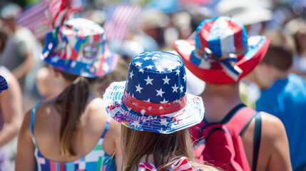 Spectators wearing patriotic outfits and enjoying a 4th of July street fair.