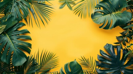 Naklejka premium Frame of green tropical leaves on a yellow background, a summer concept.