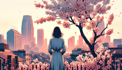 Rear view of a woman looking at the city where cherry blossoms bloom - obrazy, fototapety, plakaty