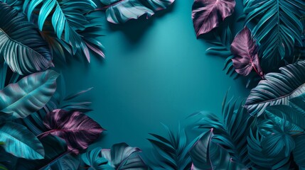 Frame of green and purple tropical leaves on a green background, neon summer concept. - obrazy, fototapety, plakaty