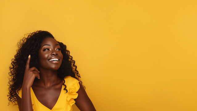 A young and beautiful african american black girl, hand pointing to her side, on yellow background, youtube 4k video thumbnail format photo