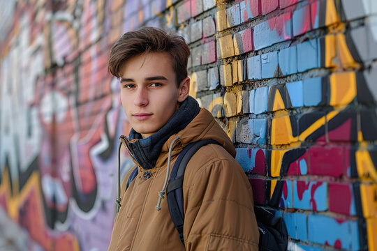 Young handsome guy in beige jacket and black hoodie on a colorfully painted wall background - Powered by Adobe